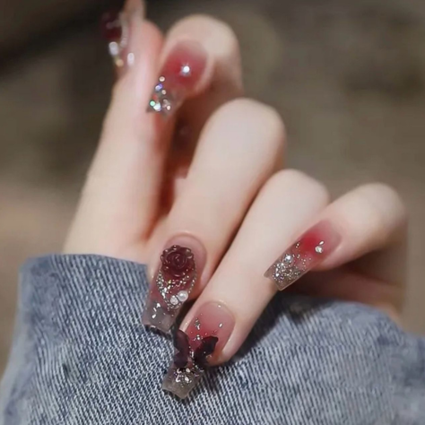24Pcs Pink | Crystal Butterfly Pearl Fake Nails | Long & Wearable