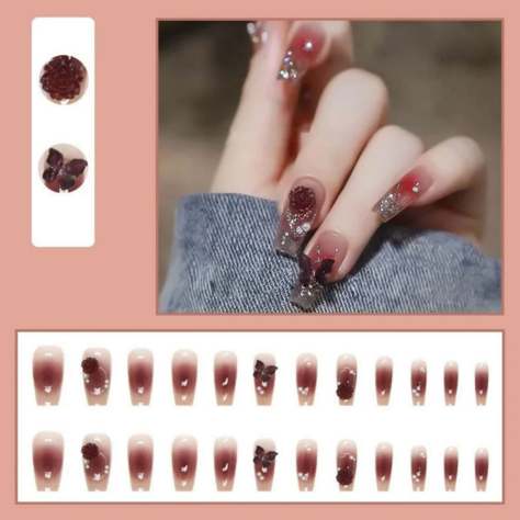 24Pcs Pink | Crystal Butterfly Pearl Fake Nails | Long & Wearable