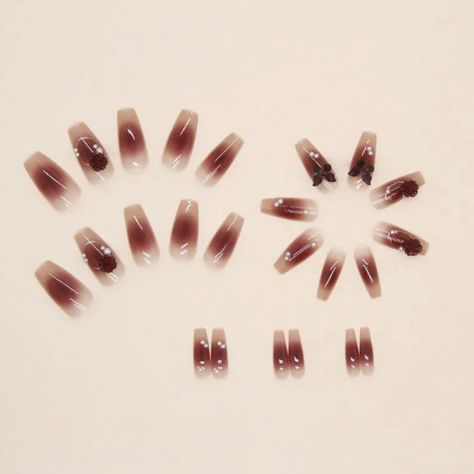24Pcs Pink | Crystal Butterfly Pearl Fake Nails | Long & Wearable