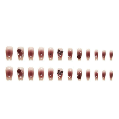 24Pcs Pink | Crystal Butterfly Pearl Fake Nails | Long & Wearable