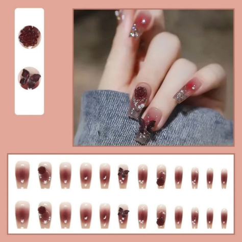 24Pcs Pink Crystal Butterfly Pearl Fake Nails – Long & Wearable