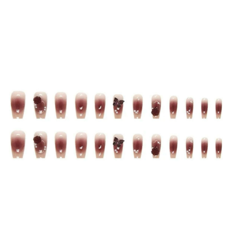 24Pcs Pink Crystal Butterfly Pearl Fake Nails – Long & Wearable