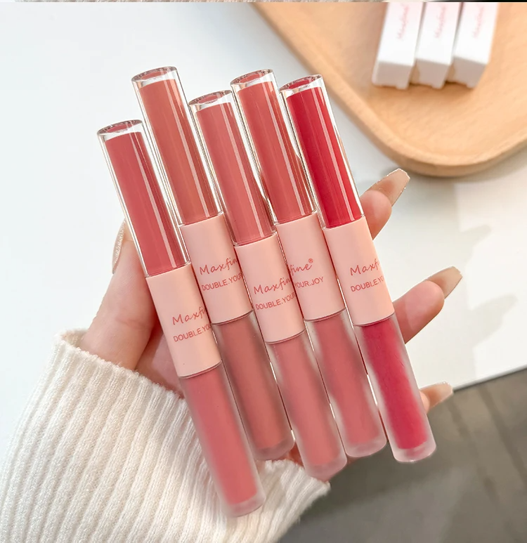 Maxfine Double-Headed Lip Gloss – Waterproof, Moisturizing Matte & Velvet Shine for a Lasting Glow